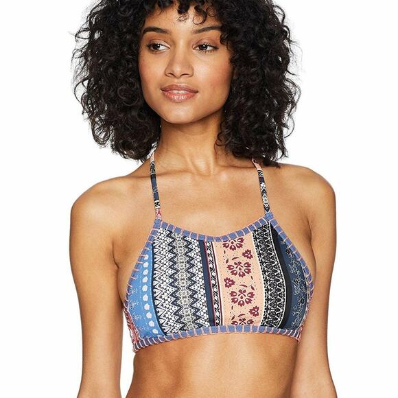 MinkPink Lily Boy Floral Boho Multicolor Pattern Tie Neck Tassle Bikini Top 1 PC - Picture 1 of 4